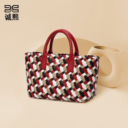 跨境2025新款撞色女士手提包时尚潮流手工编织包高级感单肩斜跨包