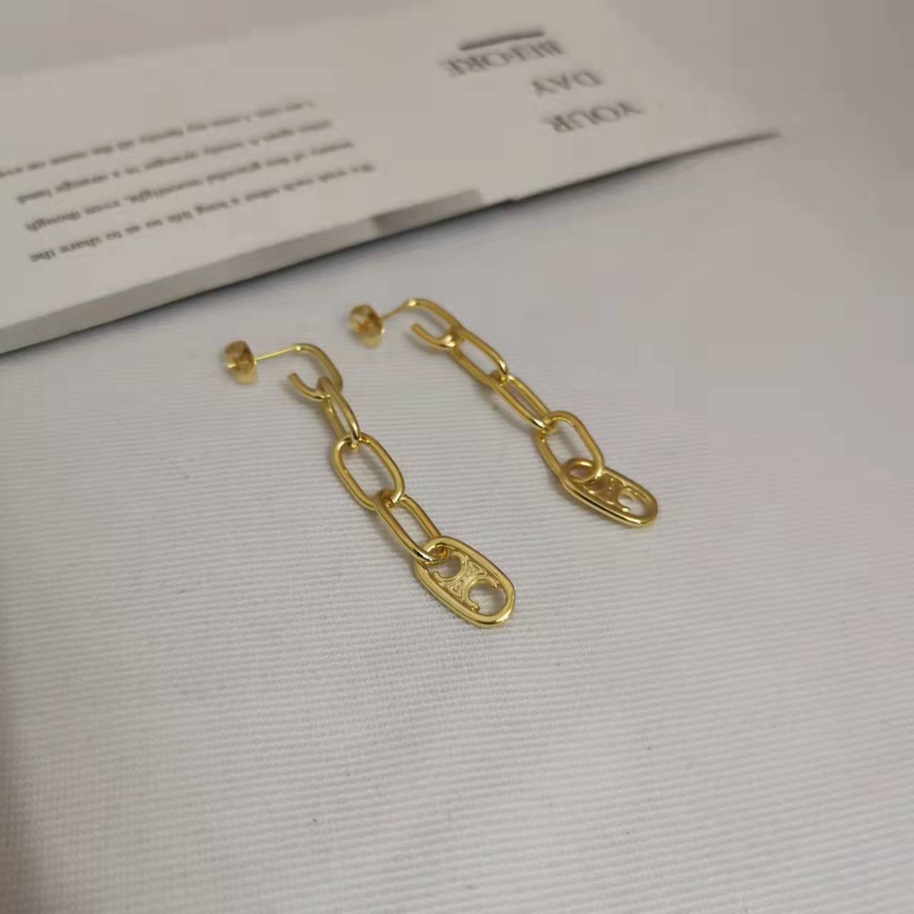 赛家21新款长款链条凯旋门耳钉女高级感气质光面几何形镀金耳环