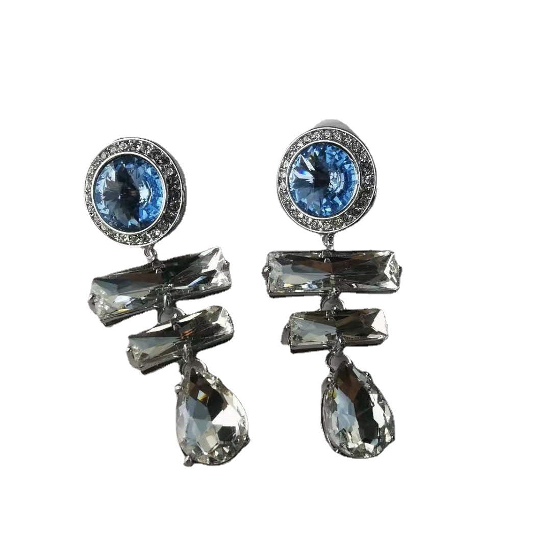 缪家新款蓝色耳环女水晶长款梯形水滴粉蓝色满钻超闪气质耳坠耳钉