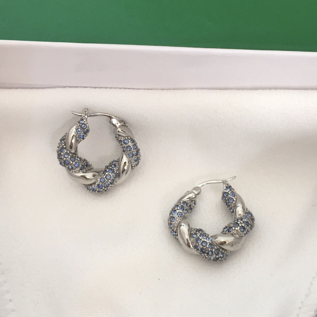 BV家21新款麻花绿钻蓝钻耳环女高级感气质几何形微镶满钻扭扭耳扣