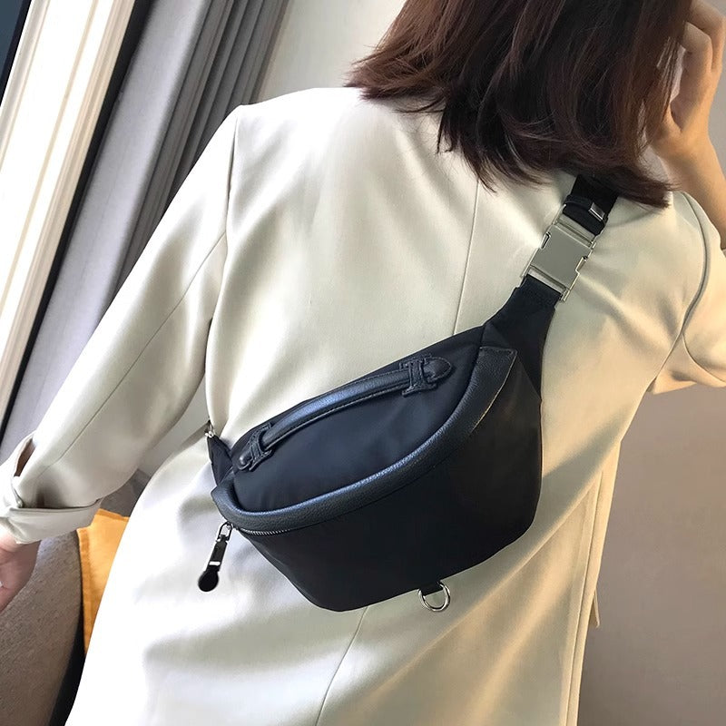 头层牛皮配牛津布胸包女ins潮休闲斜挎包百搭时尚腰包蹦迪包 代发