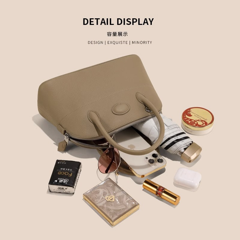 新款荔枝纹真皮贝壳包头层牛皮保龄球手提包拉链大容量通勤女包