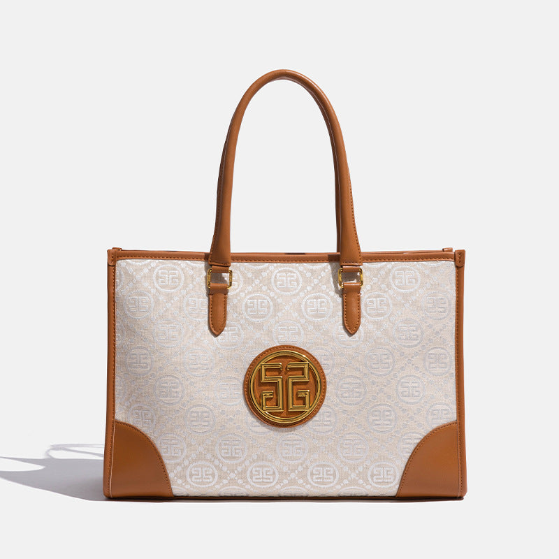 跨境通勤女士手提包棉麻刺绣大气托特包外贸简约休闲大容量妈咪包