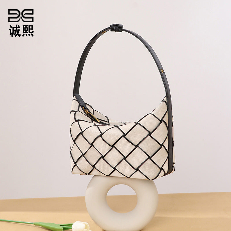 时尚新款撞色编织女包简约手拎饭盒包小众风单肩包休闲百搭腋下包