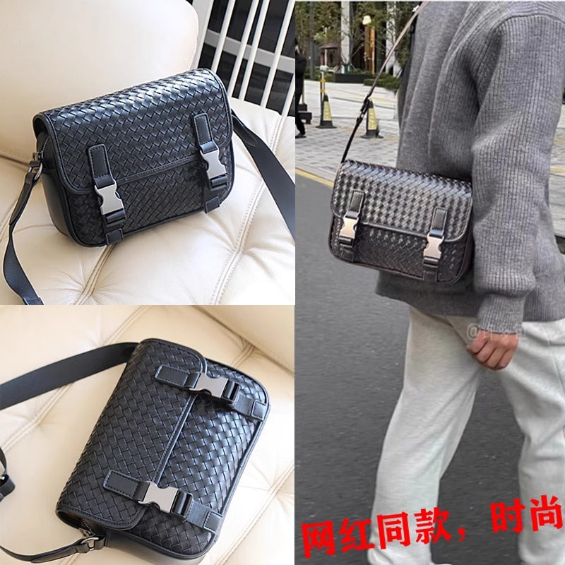 直播代发男士真皮编织邮差包纯牛皮休闲骑行时尚女男生单肩斜挎包