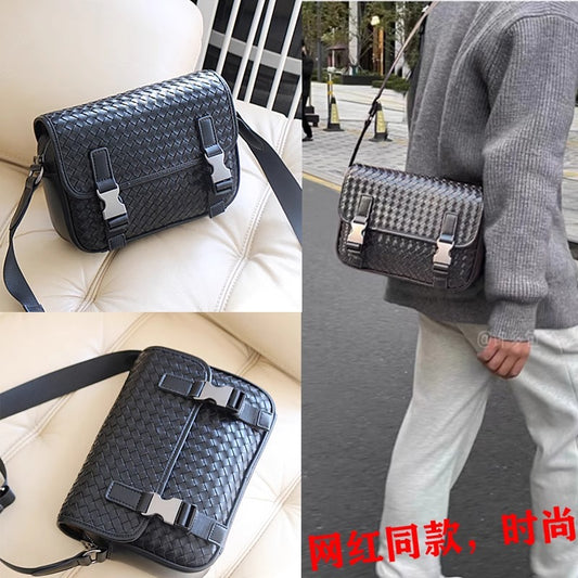 直播代发男士真皮编织邮差包纯牛皮休闲骑行时尚女男生单肩斜挎包