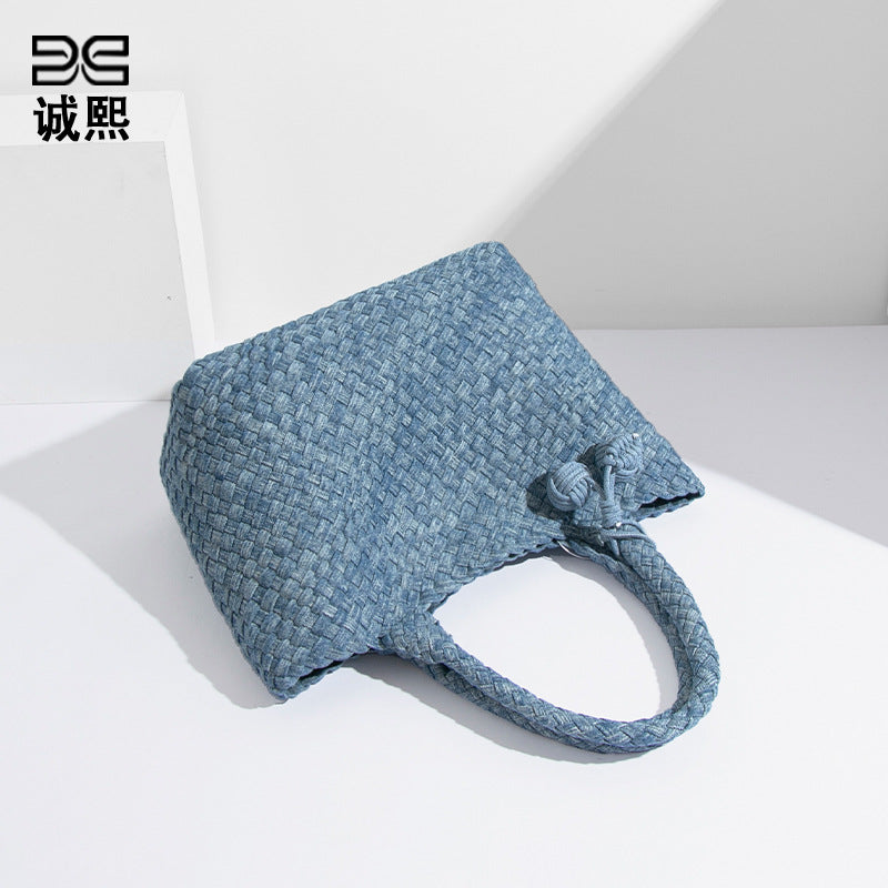 新款批发包包女高级质感通勤大容量编织牛仔布托特包菜篮子子母袋