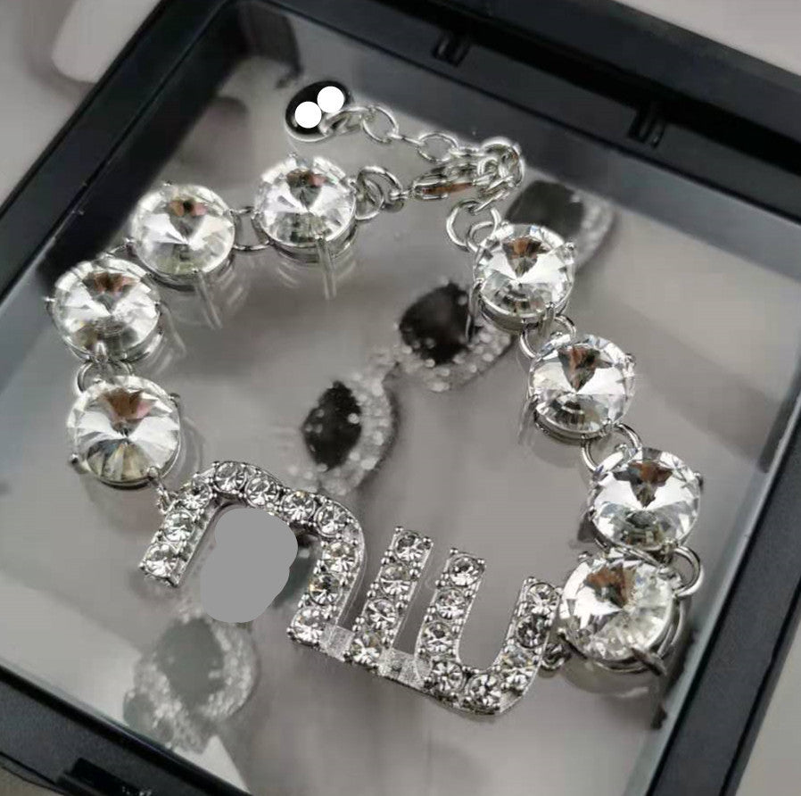 缪家手链MIU字母镶钻水晶锆石项链个性时尚高级感可调节满钻手链