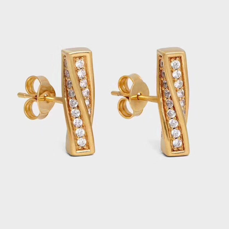 赛家新款ins法式celin风一字耳环闪钻简约时尚耳环小巧钻石耳钉