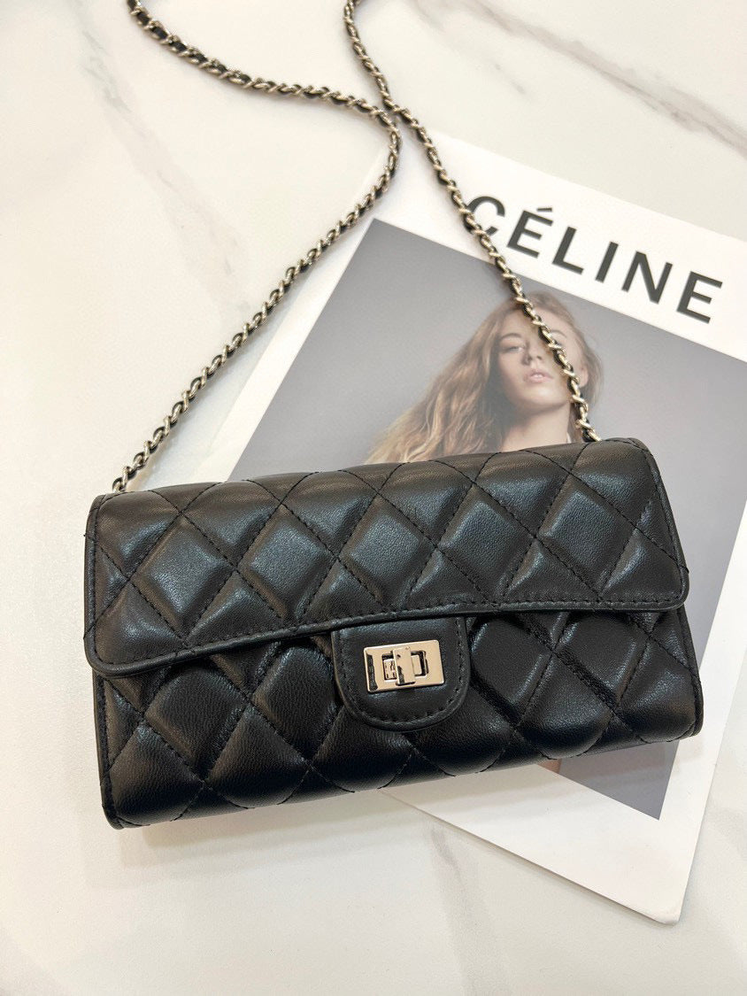 大牌品牌 小香风零钱包迷你小方包黑色手机包单肩斜挎菱格链条包