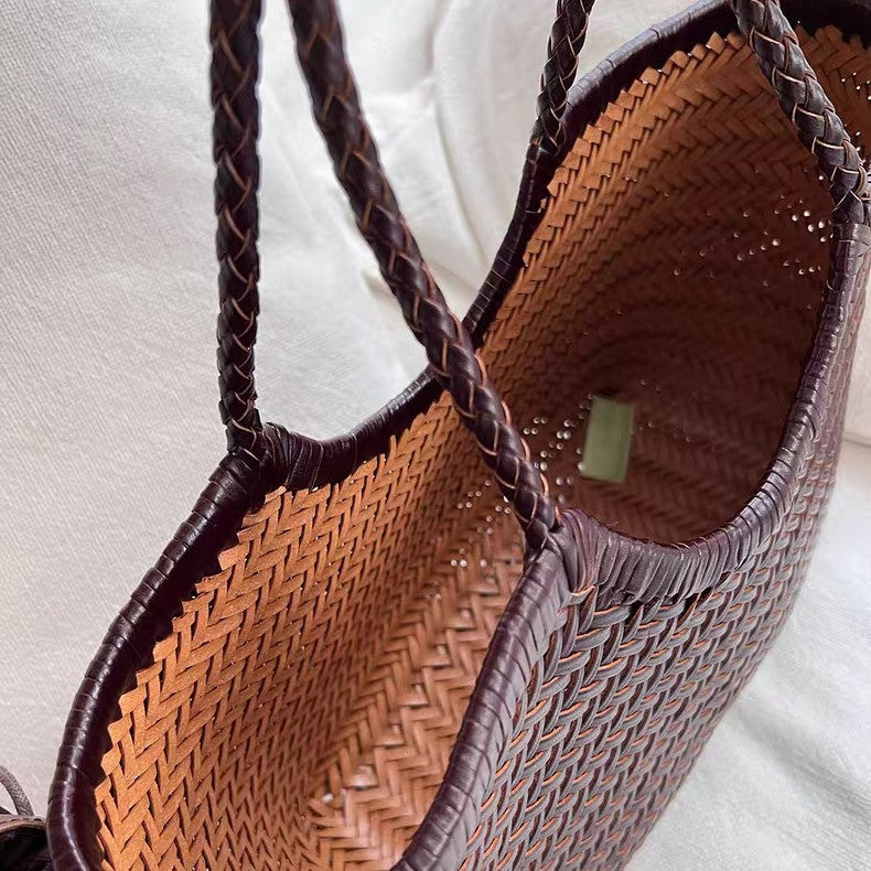 dragon同款法式编织菜篮子包女士真皮单肩包复古手工包包ins风
