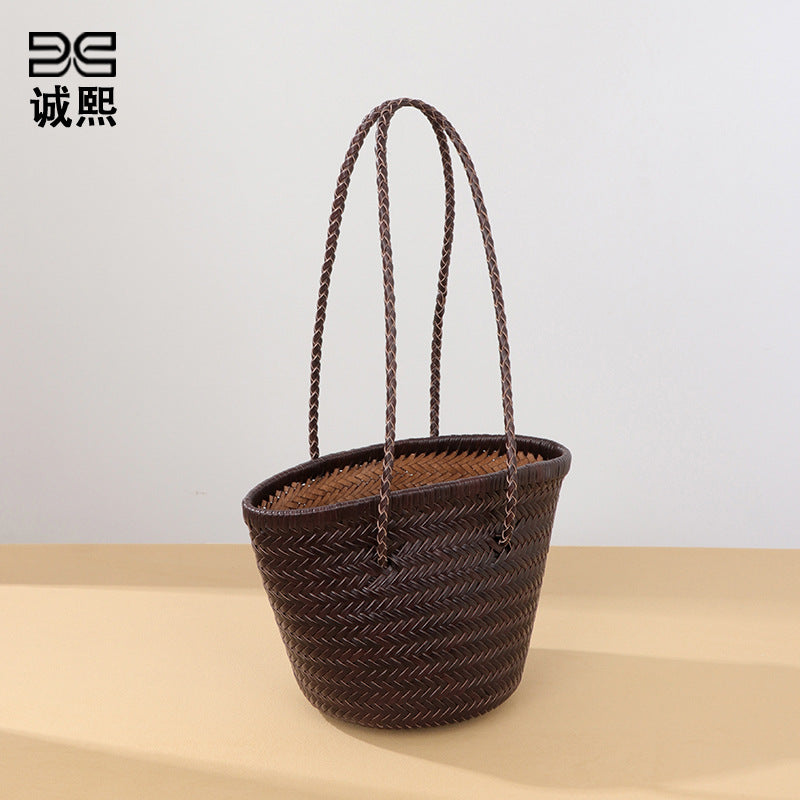 时尚百搭菜篮子牛皮真皮单肩女包新款潮编织包法式小众腋下子母包