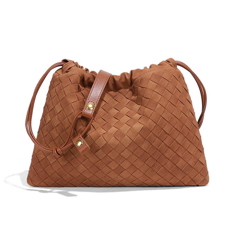 跨境爆款磨砂编织女包2025新款束口云朵包时尚小众单肩斜挎饺子包