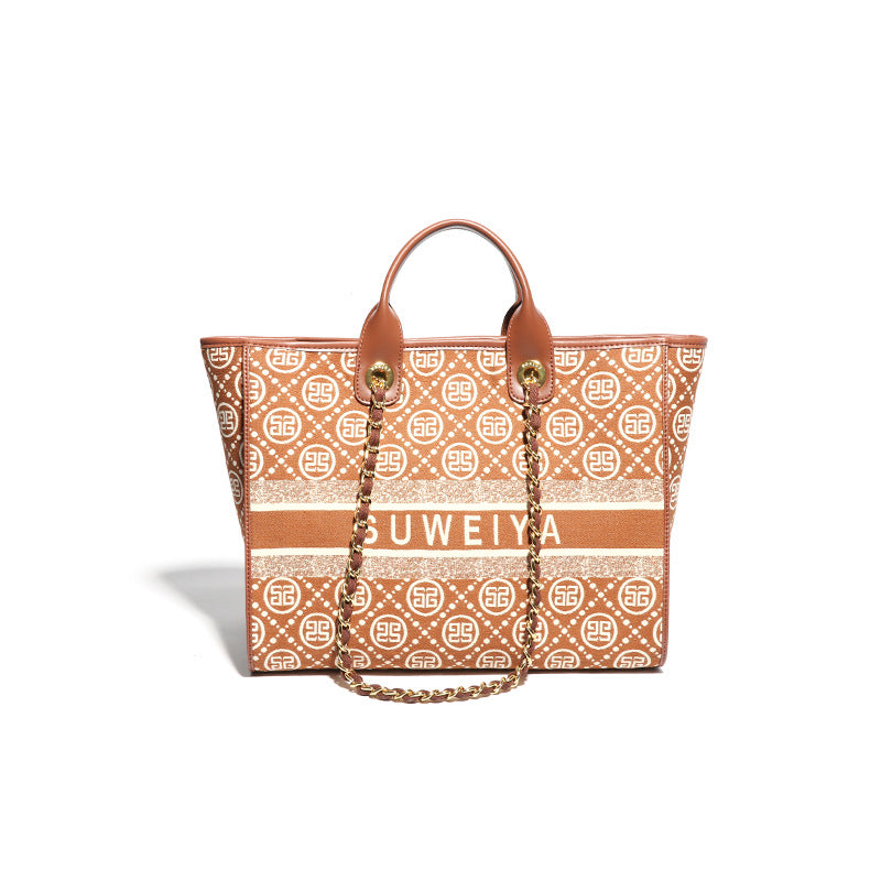 跨境女大容量手提包2023新款字母简约托特包复古棉麻休闲腋下包