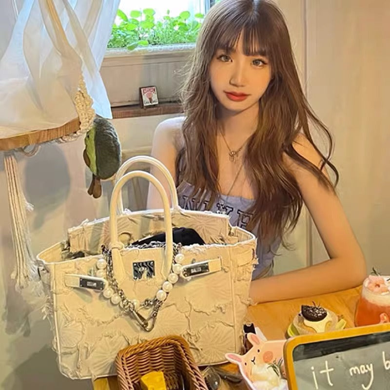 日韩潮包ins小众设计复古大容量链条串珠托特包牛仔布手提包包