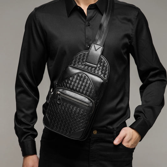 X&BV胸包男真皮大容量男士单肩斜挎包牛皮休闲编织男包胸前包背包