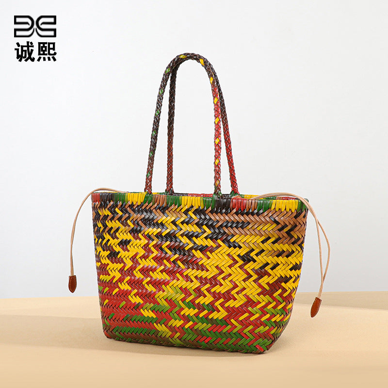 高端定制真皮菜篮子手提包彩色手工编织托特包森系潮流单肩腋下包
