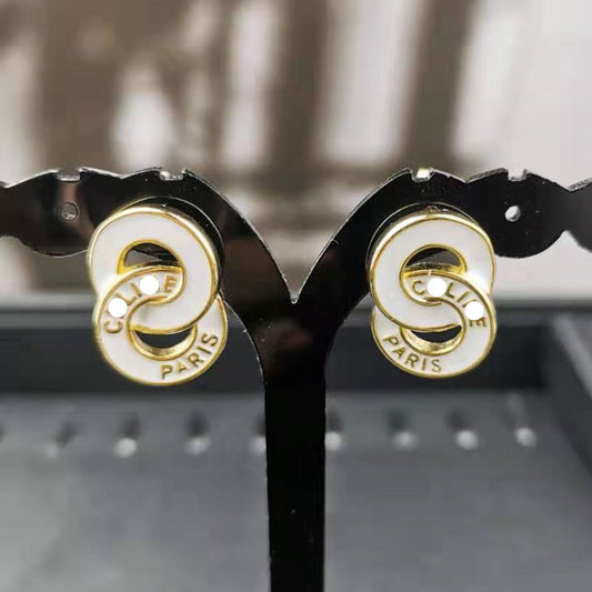 赛家新款法式8字母圆圈耳环黑白滴胶双圈复古双环耳钉时髦耳饰