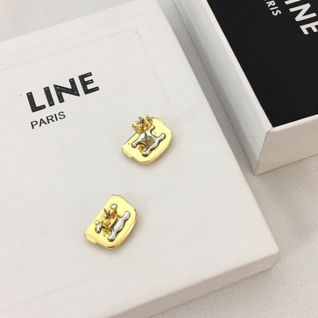 赛林家22新款方形凯旋门耳钉女高级感气质黄铜镀金拼色猪鼻耳环