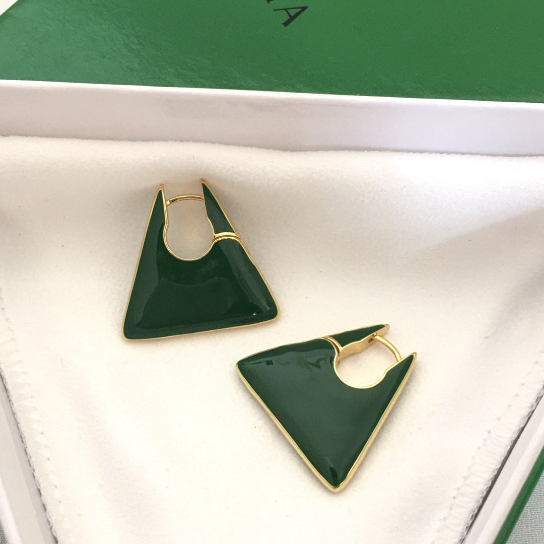 BV22新款珐琅三角耳环女高级感气质欧美风重工绿色几何形耳扣