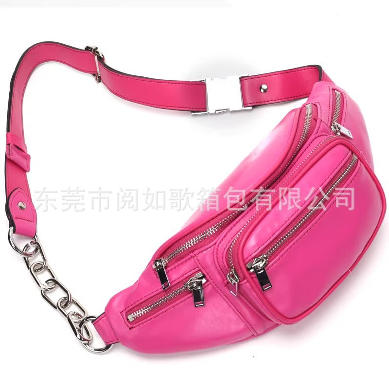 腰包女潮ins桑稚赵露思同款羊皮女胸包真皮百搭单肩斜挎链条小包