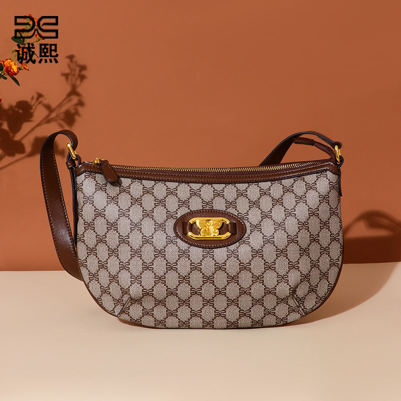 新款港风都市简约休闲百搭半月包复古高级感女士大容量单肩斜跨包