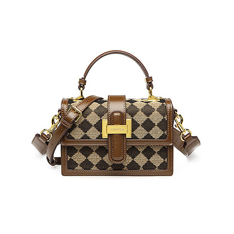 洋气复古月光宝盒手提包菱格豹纹质感棉麻单肩女包休闲潮流斜挎包