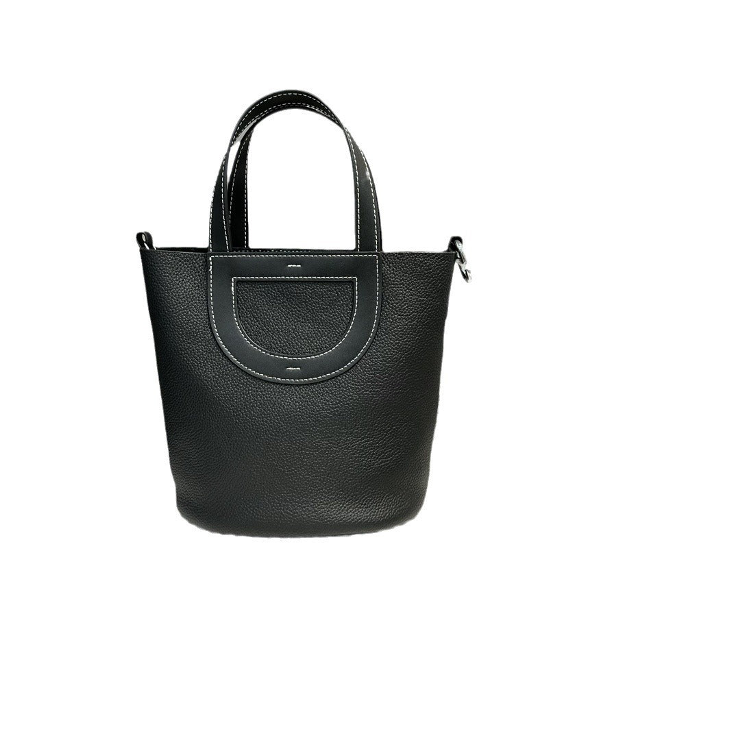 头层牛皮菜篮子手提包宽肩带包包女包高级简约百搭感单肩斜挎包