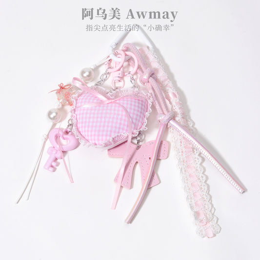 粉色甜美花边爱心PU皮革蝴蝶结串珠包挂钥匙链钥匙扣包包挂件现货