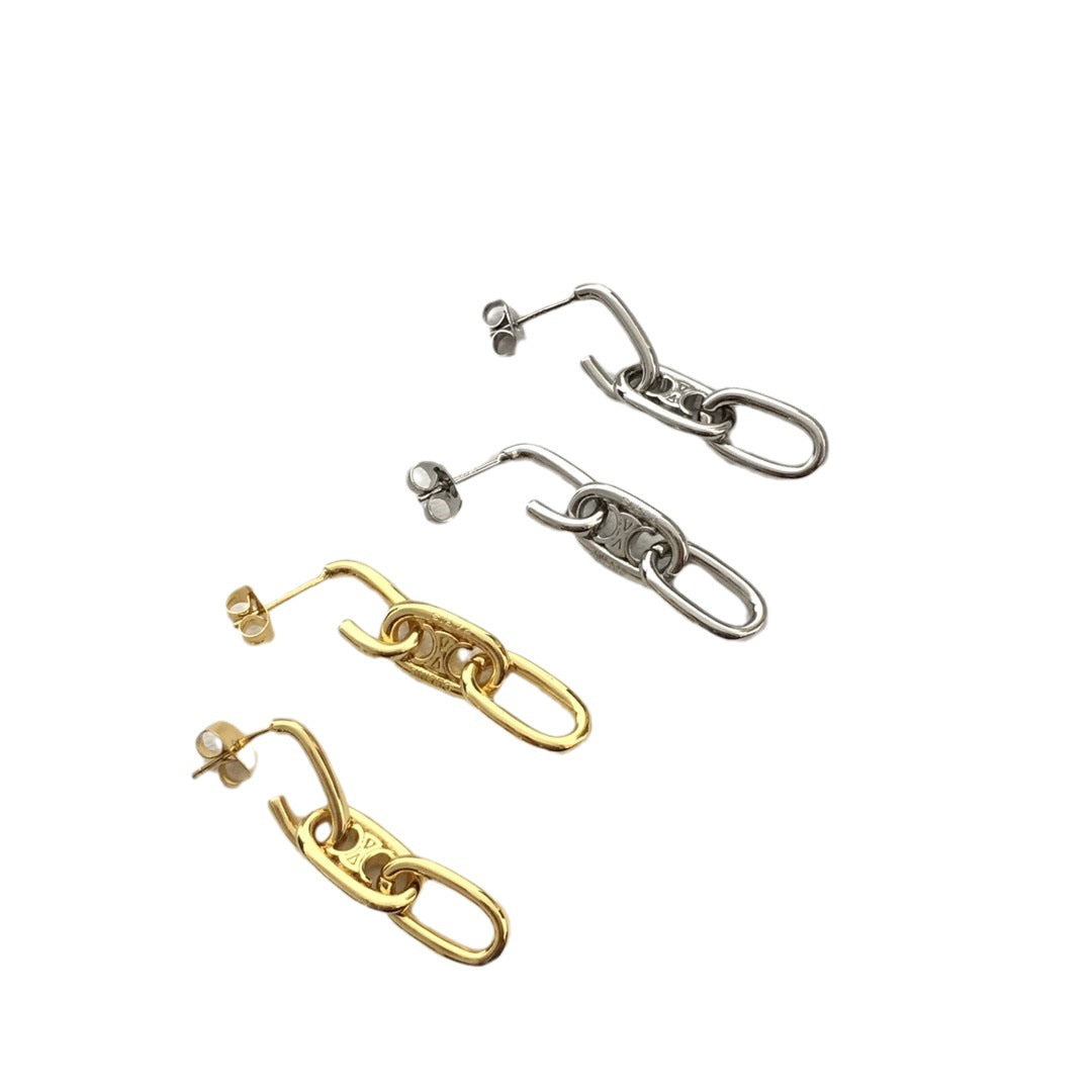 赛林家新款凯旋门双环耳钉女高级感个性气质黄铜镀金CE风耳环批发