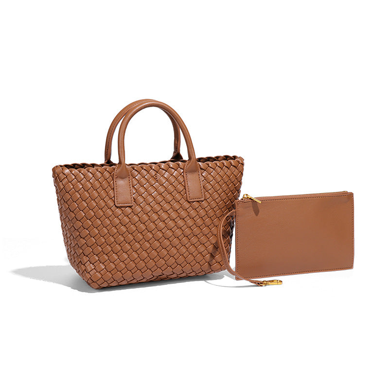 跨境2025新款撞色女士手提包时尚潮流手工编织包高级感单肩斜跨包