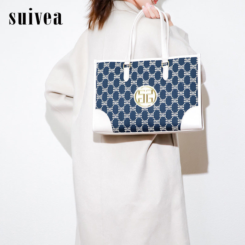 跨境通勤女士手提包棉麻刺绣大气托特包外贸简约休闲大容量妈咪包