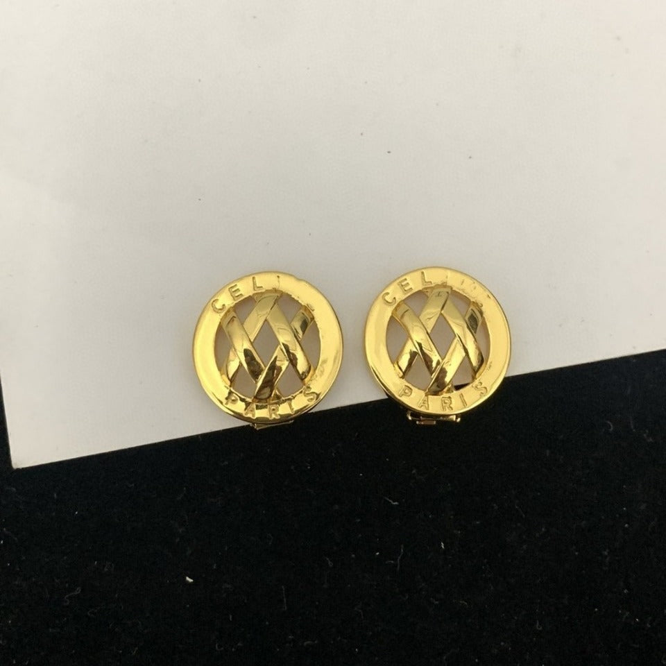 赛林家新款字母编织耳夹女中古vintage风CEL黄铜无耳洞格纹耳环