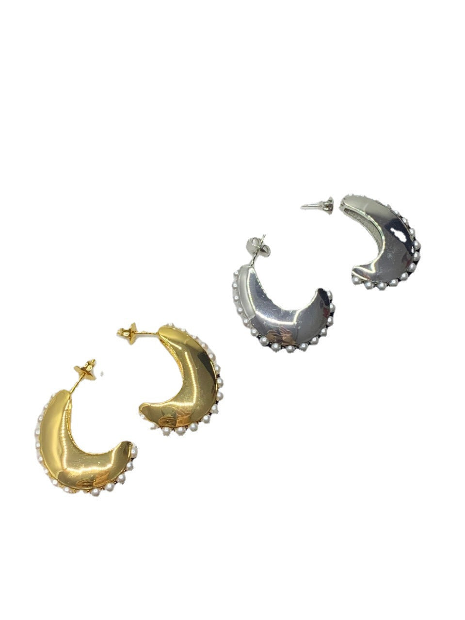 赛林家23新款月亮形耳钉女高级感气质光面CEL风黄铜镀金珍珠耳环