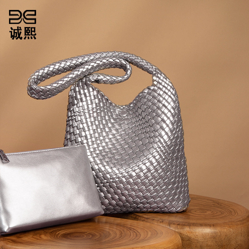 欧美风潮流单肩托特包时尚简约手工编织包包软皮大容量子母腋下包