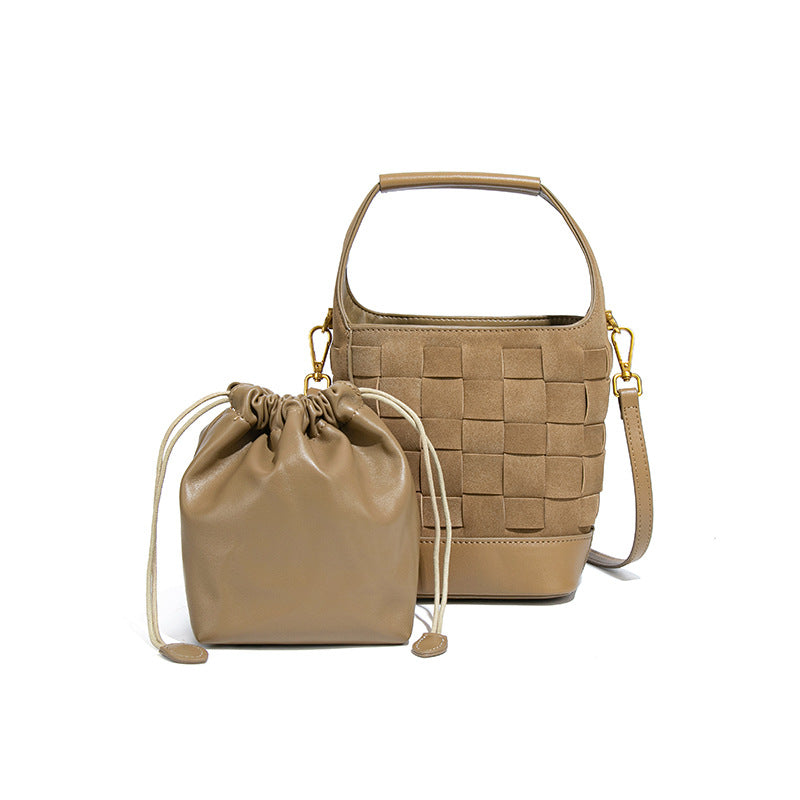 复古小众手工编织包磨砂麂皮绒手拎水桶包拼色子母包单肩斜挎女包