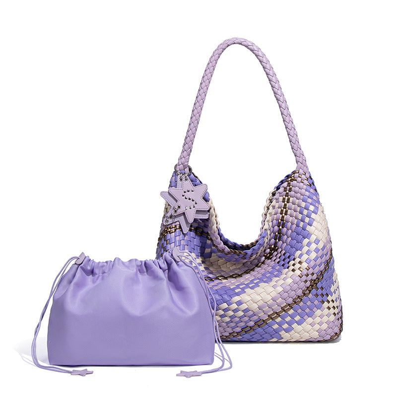 跨境新款拼色子母单肩托特女包大容量百搭腋下包全手工编织手提包