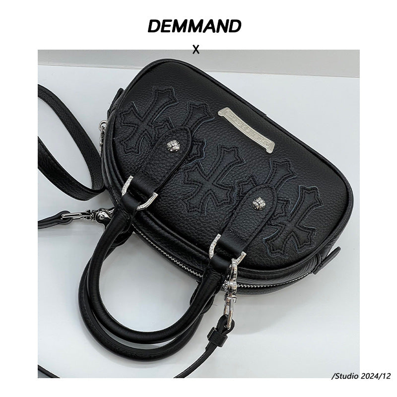 女包新款头层牛皮十字架保龄球包甜酷辣妹风枕头包手提单肩斜挎包