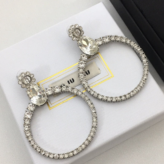 缪家新款太阳花水晶满钻大耳圈耳坠花朵水钻圆圈耳钉女时尚欧美