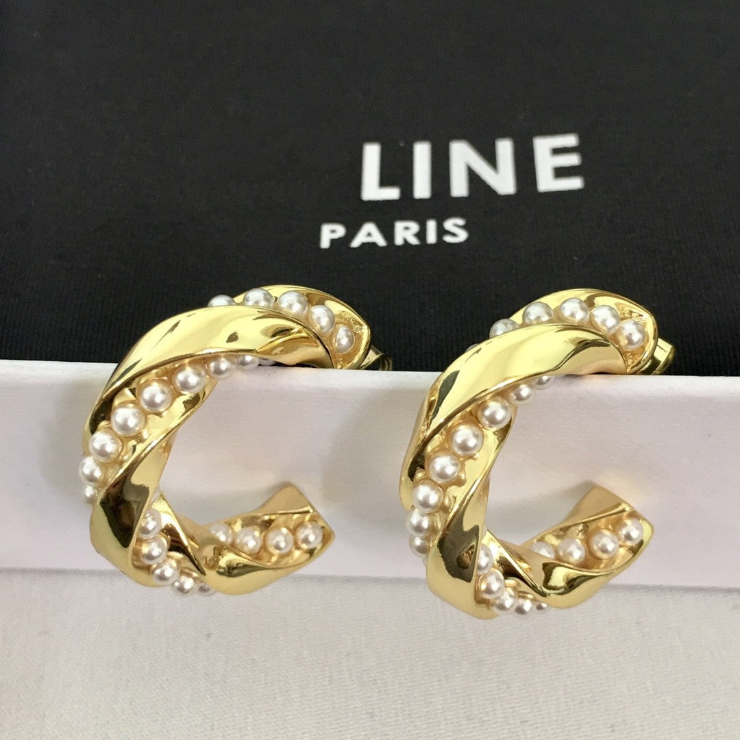 赛林新款珍珠C形耳环扭扭法式耳圈港风气质高级感耳饰不规则耳钉