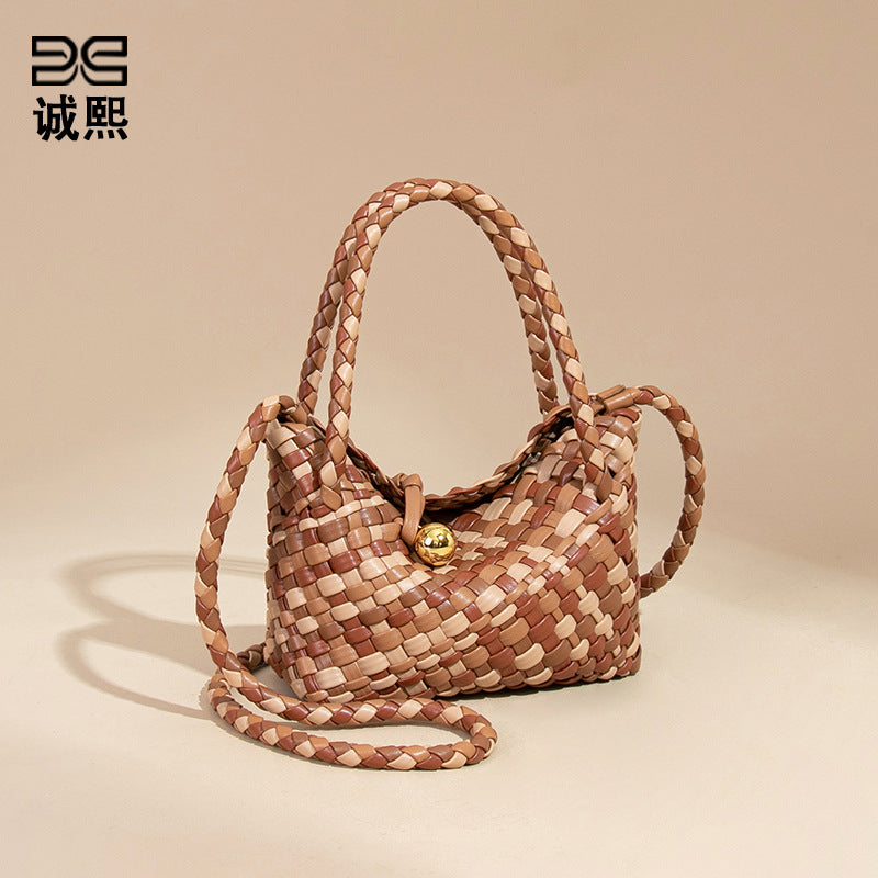 外贸新款彩色手工编织包小众菜篮手提女包休闲百搭子母单肩斜跨包