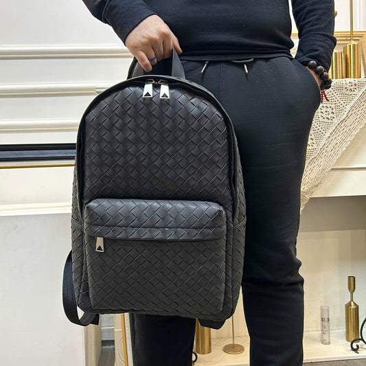 X&BV时尚背包男士双肩包新款大容量真皮编织旅行书包男商务休男包