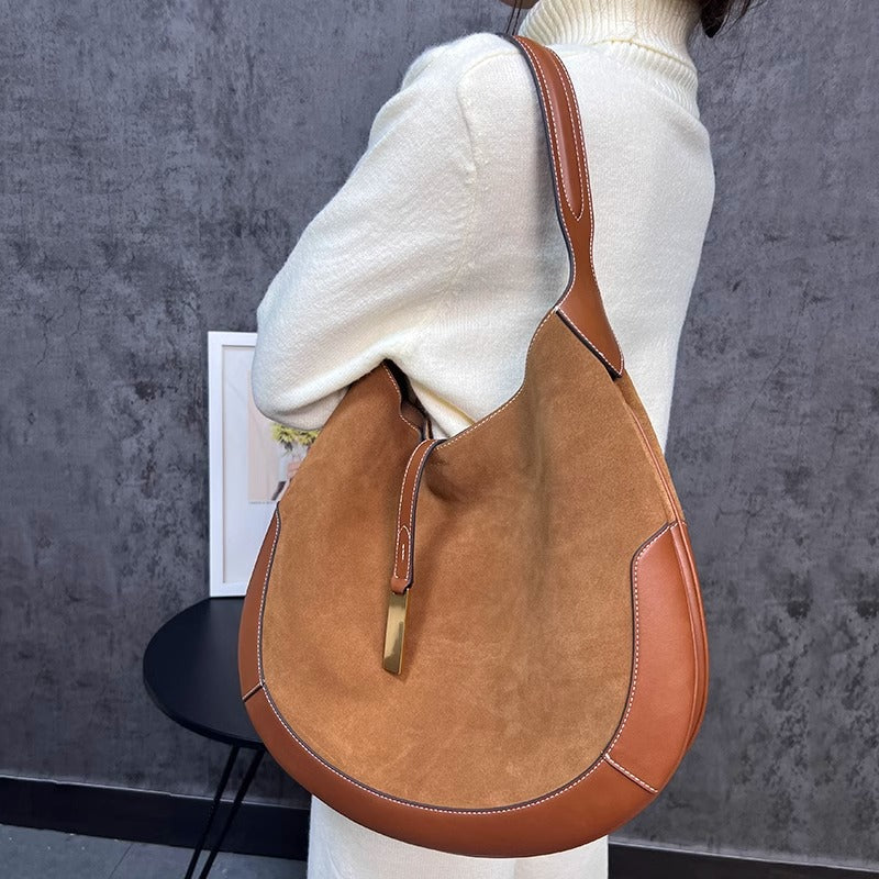 平价显贵慵懒老钱风郑秀晶同款单肩斜挎腋下麂皮拼色ID托特包大容