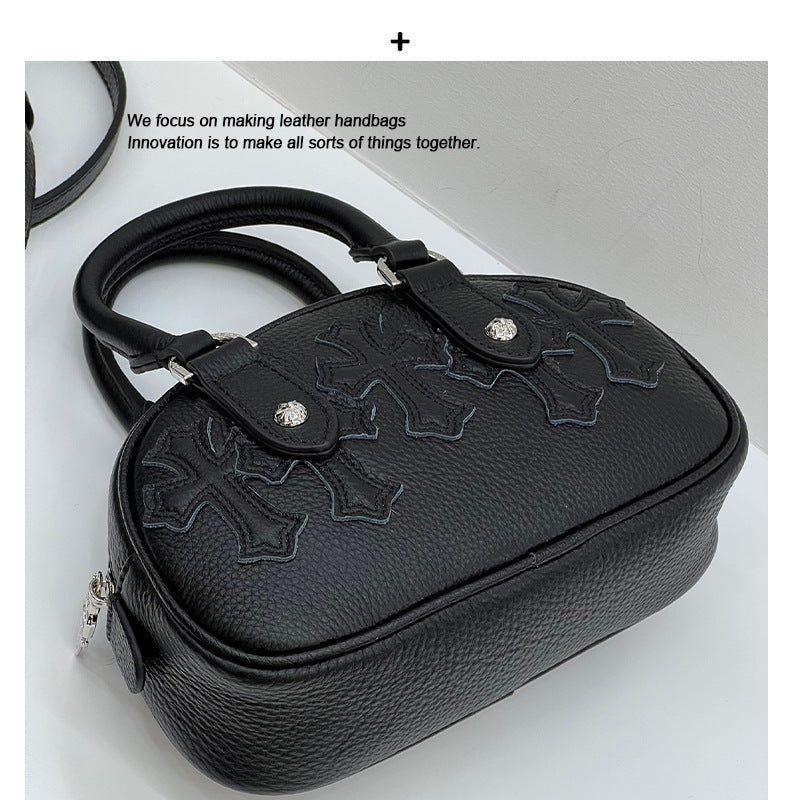 女包新款头层牛皮十字架保龄球包甜酷辣妹风枕头包手提单肩斜挎包