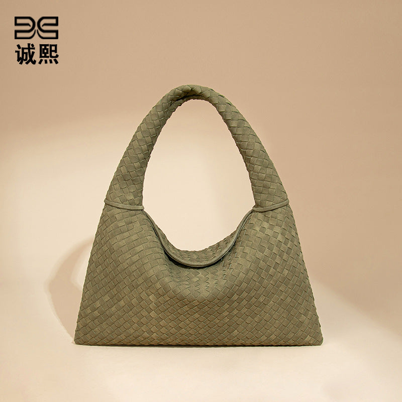 欧美时尚单肩手工编织女包大容量通勤托特包磨砂麂皮绒百搭腋下包