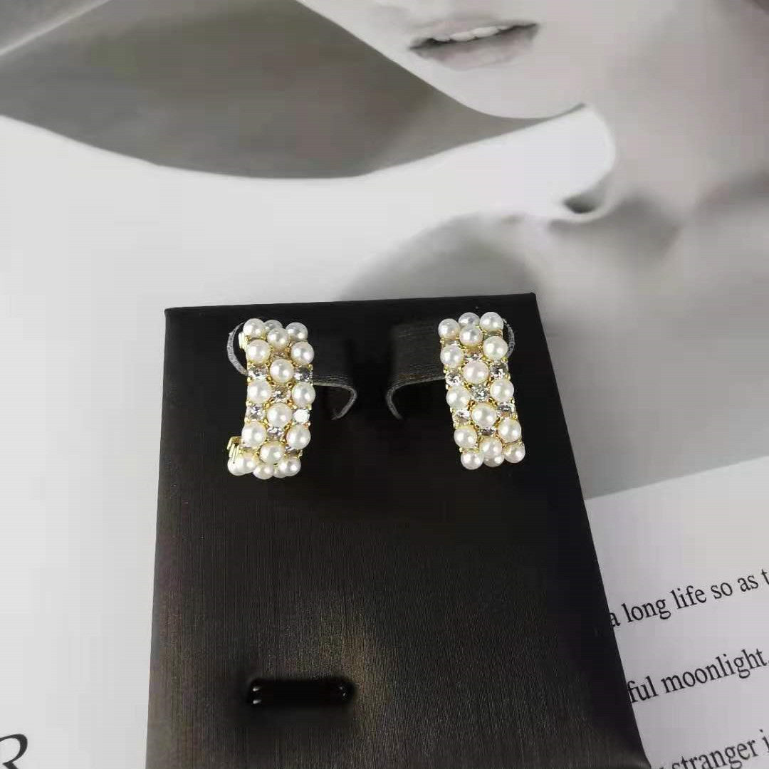 赛家新款耳环珍珠满钻C型甜美气质耳坠短款半圈复古港风珍珠耳钉