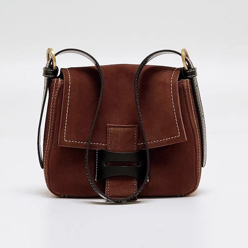 Get格纹头层马毛拼油蜡牛皮时髦又飒飒单肩女磨砂皮复古邮差包包