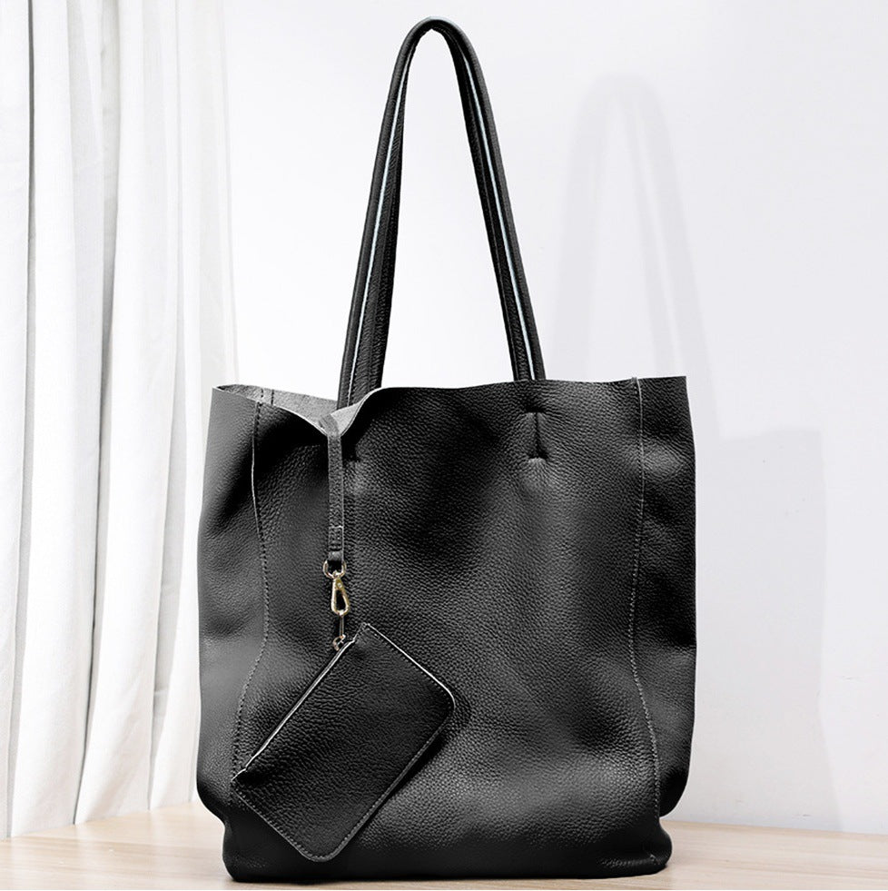 韩版大容量通勤包妈咪购物包牛皮简约真皮托特包单肩斜跨笔记本包