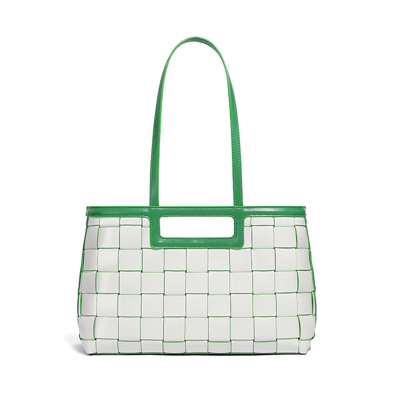 外贸跨境批发包包女手工编织高级时尚PU镂空简约撞色大容量托特包