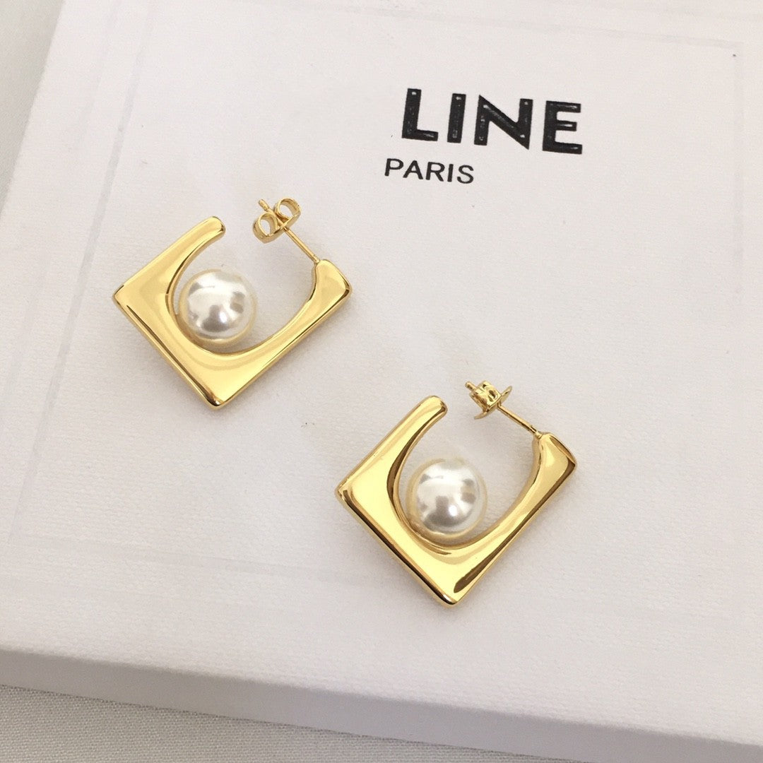赛林家22新款几何型方框珍珠耳钉女式光身高级感气质港风金色耳环